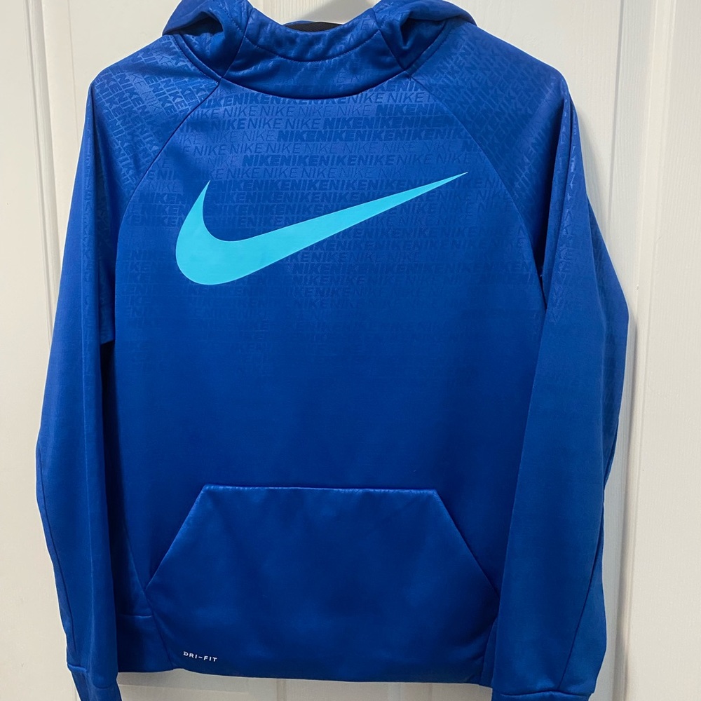 Nike Dri-Fit Hooded Sweatshirt, Boys (XL) Blue with turquoise logo.